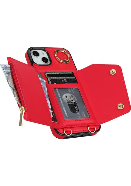 iPhone15 Fermuarı Cüzdanı Telefon Kılıfı Pu Deri+Tpu Yüzük Kickstand Sırt Kapak 2 Kayış Kırmızısı (Yurt Dışından) modelleri