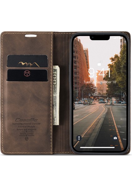 iPhone15 Deri Cüzdan Için Telefon Kasası Flip Standı Damla Geçirmez Kapak-Coffee (Yurt Dışından)
