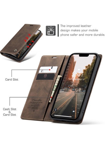 iPhone15 Deri Cüzdan Için Telefon Kasası Flip Standı Damla Geçirmez Kapak-Coffee (Yurt Dışından)