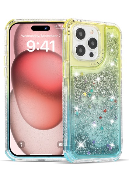 iPhone15 Pro Vasal Için Gradyan Için Quicksans ve Sıvı Akan Işıltı Tpu+Pc Arka Kapak-Altın+Açık Mavi (Yurt Dışından)