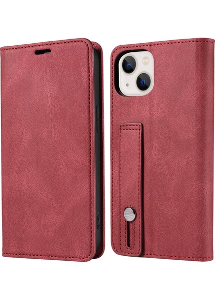 iPhone15 Plus Artı Cüzdan Için Telefon Kasası Bilekliği Tasarımı Pu Deri Standı Telefon Kapak-Kırmızı (Yurt Dışından)