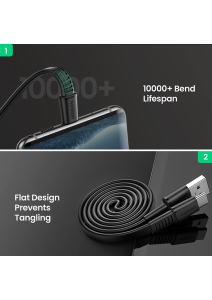 Ugreen 0.5 M USB C Şarj Kablosu 3A Düz USB Tip C - USB A Qc3.0 Hızlı Şarj Veri Kablosu Samsung Galaxy S10 Not 9 Hızlı Şarj Usb-C Kablosu (Yurt Dışından)