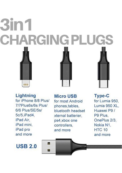 Hızlı USB Şarj Kablosu Evrensel 3'ü 1 Arada Çok Fonksiyonlu Cep Telefonu Kablosu Şarj Cihazı (Yurt Dışından)