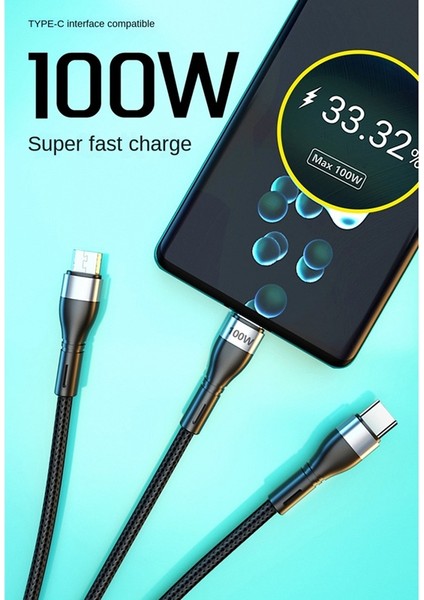 iPhone Android Tip C Için 3'ü 1 Arada USB Kablosu 100W Hızlı Şarj Tip C (Yurt Dışından)