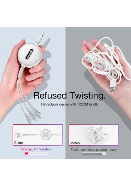 3'ü 1 Arada Geri Çekilebilir USB Kablosu Hızlı Şarj Cihazı 3A Veri Kablosu Kablosu Tel C Tipi Mikro Ios, Samsung iPhone Huawei Xiaomi Için (Yurt Dışından)