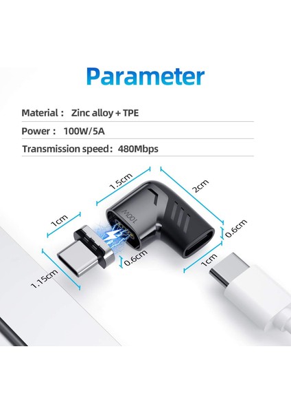 Manyetik USB C Adaptörü C Tipi Konnektör Sağ Açı Desteği USB Pd 100W Hızlı Şarj ve 480MB/S Veri Aktarımı (Yurt Dışından)