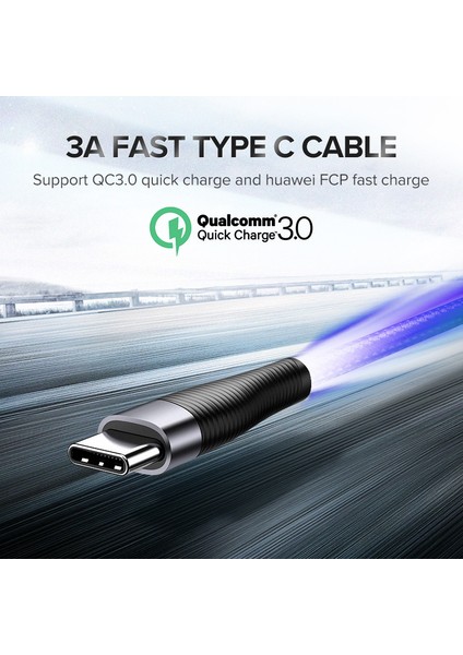Ugreen USB Tip C 3A Hızlı Şarj Tarihi Kablosu Redmi Not 7/not 8 Samsung S8 S9 Artı Not 9 S10 Xiaomi Mi 6 Mi8 Mi 9t Pocophone F1 Huawei P9 Nova 3/4/5t Honore Play ve Diğer USB C Cihazı (Yurt Dışından)
