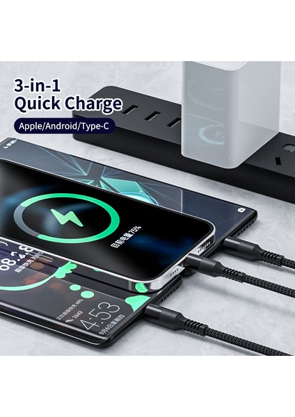 Lenuo 3in1 Veri USB Kablosu iPhone Hızlı Şarj Cihazı 3A Şarj Kablosu Android Telefon Için Tip C Xiaomi Huawei Samsung Şarj Kablosu Ipad Için (Yurt Dışından) indirimleri