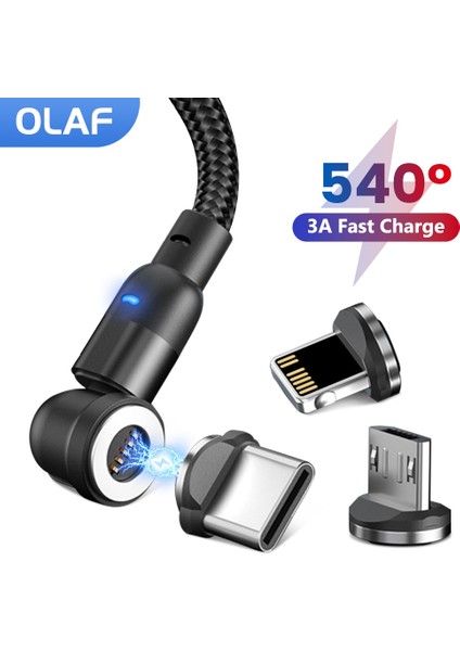 Olaf 540 Döndür Manyetik Şarj Kablosu USB Tip C 3A Hızlı Veri Mikro USB Mıknatıs Şarj Cihazı Samsung Xiaomi iphone Kablosu USB C (Yurt Dışından)