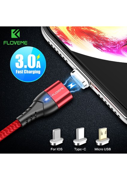 Floveme 3A Manyetik USB Kablosu iPhone Mikro USB C Tipi Kablo Hızlı Şarj Mıknatıslı Şarj Cihazı Mikro USB Kablosu Samsung Xiaomi Için (Yurt Dışından)