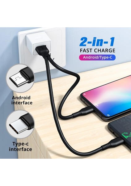 In 1 Tip C Mikro USB Kablosu Cep Telefonu Hızlı Şarj Kablosu Iki Cihaz Splitter Mikro USB C Tel Samsung S21 Xiaomi Mi 11 (Yurt Dışından)