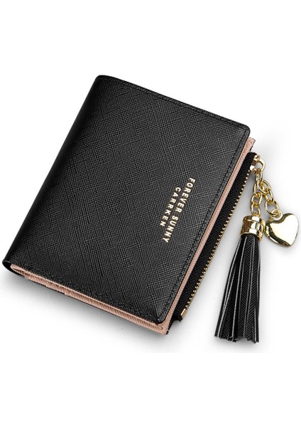 Carrken Kadın Kısa Kore Moda Dikey Çapraz Desen Püskül Fermuar Bozuk Para Cüzdanı Kredi Kartı Tutucu (Siyah) (Yurt Dışından)