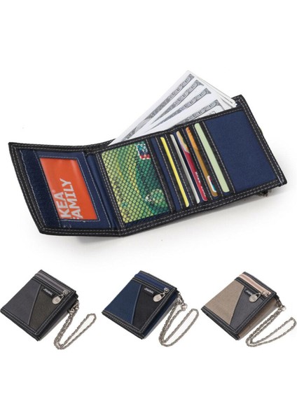 Erkek Erkek Düz Kanvas Üç Katlı Cüzdan Rahat Mini Kart Tutucu Zincirli Nakit Cüzdan Yeni Tasarım 5 Renk (Yurt Dışından)