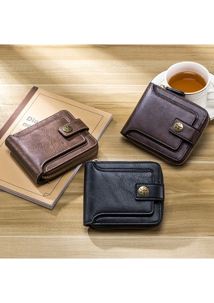 Sınır Ötesi Yeni Ürünler 2022 Retro Erkek Kısa Cüzdan Yatay Fermuarlı Çok Fonksiyonlu Kart Tutucu Üç Katlı Toka Bozuk Para Cüzdanı (Yurt Dışından) fırsatları