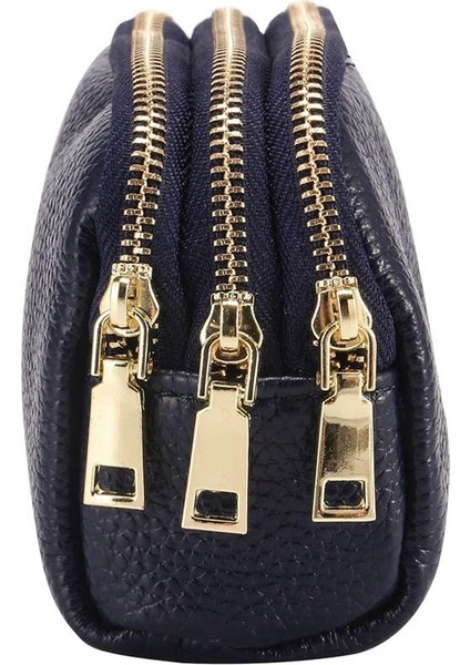 Kadın Üçlü Zip Anahtarlık Bozuk Para Cüzdanı Deri Kartlıklı Cüzdan Mini Kese-Koyu Mavi (Yurt Dışından) modelleri