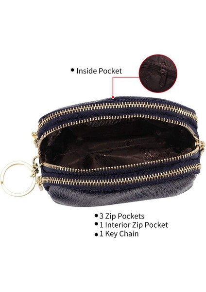 Kadın Üçlü Zip Anahtarlık Bozuk Para Cüzdanı Deri Kartlıklı Cüzdan Mini Kese-Koyu Mavi (Yurt Dışından) fırsatları