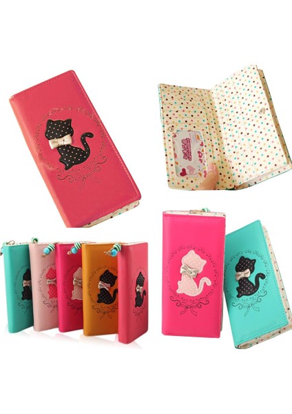 Amart-D Kız Bifold Deri Çanta Noktalar Karikatür Kedi Desen Debriyaj Uzun Fermuar Cüzdan Çanta (Yurt Dışından) modelleri
