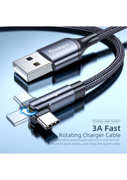 Essager Döndür Mikro USB C Tipi Kablo Xiaomi Samsung 3A Hızlı Şarj Usbc Typec 90 Derece Cep Telefonu Kablosu Veri Kablosu Kablosu (Yurt Dışından)