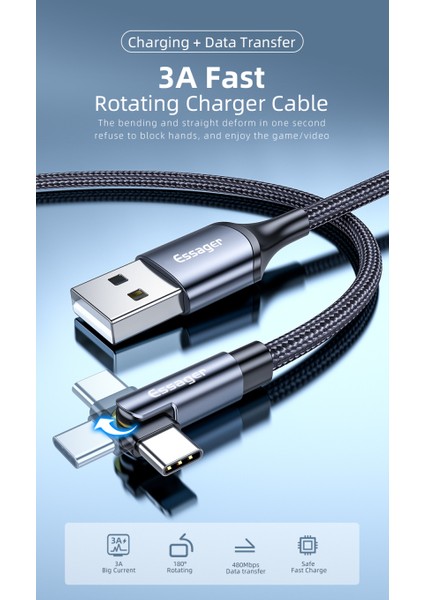 Essager Döndür Mikro USB C Tipi Kablo Xiaomi Samsung 3A Hızlı Şarj Usbc Typec 90 Derece Cep Telefonu Kablosu Veri Kablosu Kablosu (Yurt Dışından)