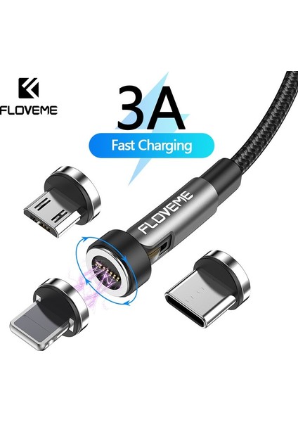 Floveme 3A 540 Döndür Manyetik Kablo Tip C Mikro USB Kablosu iPhone 12 11 Samsung Xiaomi Hızlı Şarj Mıknatıs Şarj Aleti Kablosu (Yurt Dışından)