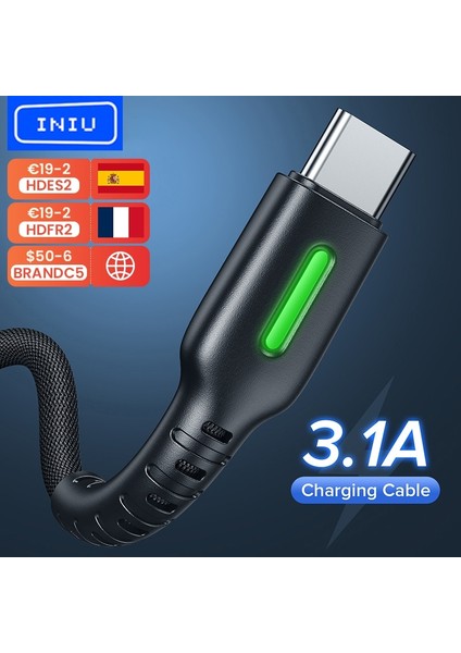 Inıu 3.1A Tip C USB Kablosu LED Hızlı Şarj Cep Telefonu Şarj Cihazı Veri Kablosu Huawei Xiaomi Mi Redmi Samsung Lg (Yurt Dışından)