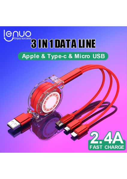 Lenuo 2.4A Geri Çekilebilir 3'ü 1 Arada Tip C / Yıldırım / Mikro USB Hızlı Şarj Kablosu (Yurt Dışından)