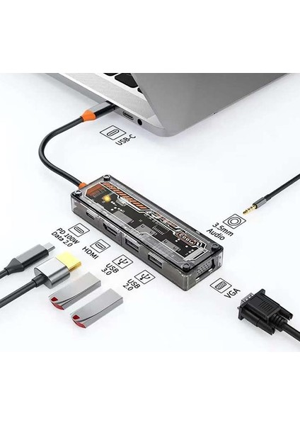 100W 6in1 Type C Çevirici Çoğaltıcı Hub, 2x Usb, 1x Hdmi, 1x Vga, 1x Type C, 1x 3.5mm Çoğaltıcı