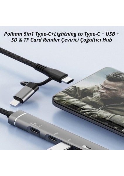 5in1 1x Lightning ve 1xtype-C Çevirici Adaptör,2x Type C 1x Usb,1x Sd Tf Kart Çevirici Çoğaltıcı Hub