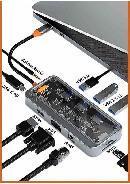 10IN1 100 Type C Çoğaltıcı Hub, 1x Type C, 3x Usb, 1x Hdmi, 1x RJ45, 1x Sd/tf, 1x Vga, 1x 3.5mm Aux