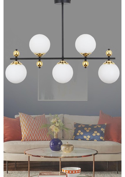Serra 5 Li Siyah Gold Avize Beyaz Camlı Modern Mutfak Yemek Masası Üstü Yatak Odası Salon Avize