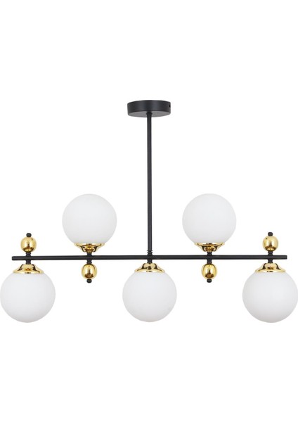 Serra 5 Li Siyah Gold Avize Beyaz Camlı Modern Mutfak Yemek Masası Üstü Yatak Odası Salon Avize