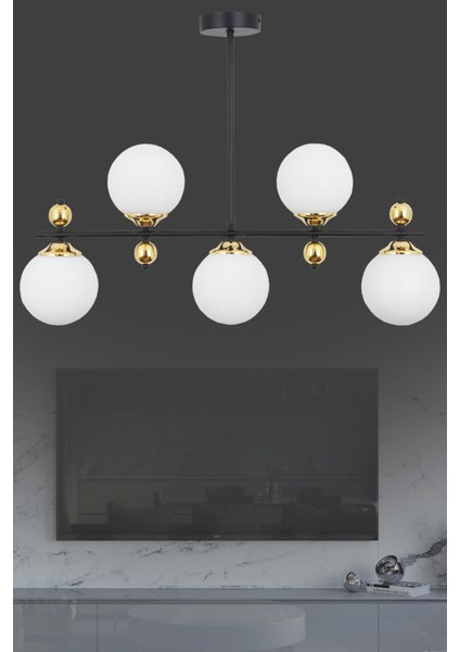 Serra 5 Li Siyah Gold Avize Beyaz Camlı Modern Mutfak Yemek Masası Üstü Yatak Odası Salon Avize