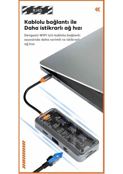 10IN1 100 Type C Çoğaltıcı Hub, 1x Type C, 3x Usb, 1x Hdmi, 1x RJ45, 1x Sd/tf, 1x Vga, 1x 3.5mm Aux