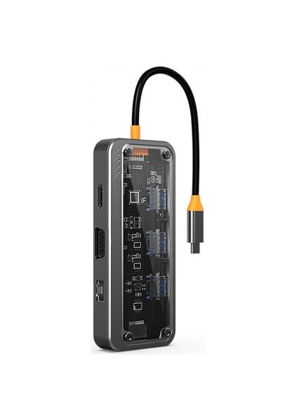 10IN1 100W Type C Çoğaltıcı Hub, 1x Type C, 3x Usb, 1x Hdmi, 1x RJ45, 1x Sd/tf, 1x Vga, 1x 3.5mm Aux