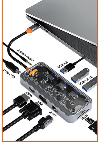 10IN1 100W Type C Çoğaltıcı Hub, 1x Type C, 3x Usb, 1x Hdmi, 1x RJ45, 1x Sd/tf, 1x Vga, 1x 3.5mm Aux