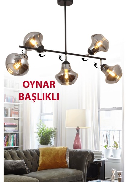 Lona 5 Li Siyah Oynar Başlıklı Avize 2044F Modern Mutfak Yemek Masası Üstü Yatak Odası Salon Avize