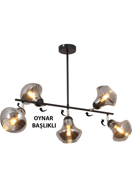 Lona 5 Li Siyah Oynar Başlıklı Avize 2044F Modern Mutfak Yemek Masası Üstü Yatak Odası Salon Avize