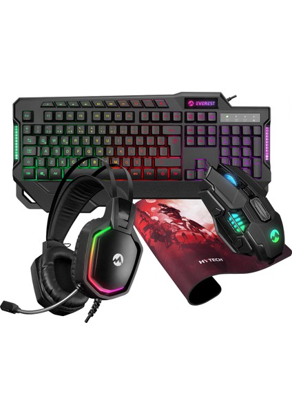 KM-R44 Comrade Black USB Gaming LED Keyboard Q Oyuncu Multimedia + Headset + Mouse + Mousepad