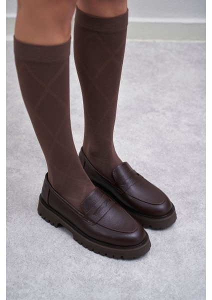 Queena Kahve Hakiki Deri Kalın Taban Detay Kadın Ayakkabı