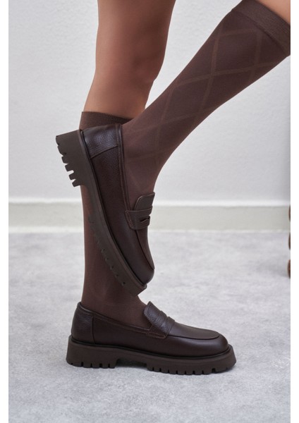 Queena Kahve Hakiki Deri Kalın Taban Detay Kadın Ayakkabı modelleri