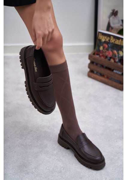 Queena Kahve Hakiki Deri Kalın Taban Detay Kadın Ayakkabı fırsatları