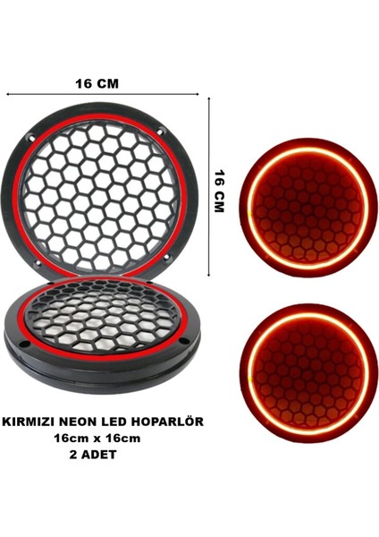 16X16 cm Neon LED Işıklı Midrange Hoparlör Kapağı Yuvarlak Çiftli (2 Adet) Kırmızı Renk