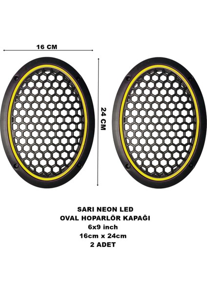 16X24 cm 6x9 Inch Neon LED Işıklı Midrange Oval Hoparlör Kapağı Çiftli (2 Adet) Sarı Renk