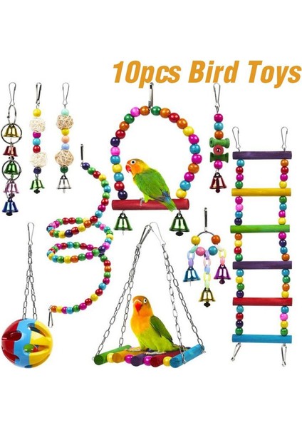 10 Adet Set Stili Pc Kuş Kafesi Oyuncaklar Papağanlar Için Ahşap Kuş Papağan Tünemiş Kafes Oyuncaklar Salıncak Asılı Çiğneme Isırığı Köprü Kuş Oyuncakları Agapornis (Yurt Dışından)