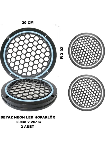 20X20 cm Neon LED Işıklı Midrange Hoparlör Kapağı Yuvarlak Çiftli (2 Adet) Beyaz Renk