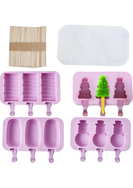 Yeşil Stil Silikon Dondurma Kalıbı Yeniden Kullanılabilir Buz Küpleri Tepsi Dondurma Popsicle Kalıp Noel Dekor 50 Ahşap Sopa ile Dıy Dondurma Makinesi Aracı (Yurt Dışından)