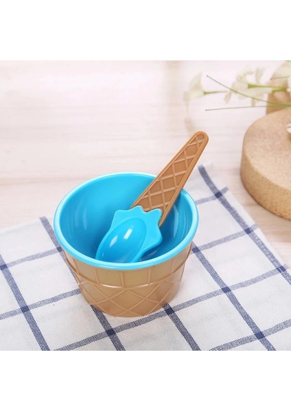 Mavi Stil Yeni Çocuk Renkli Dondurma Kasesi + Külah Kaşığı Plastik Kase Çocuk Partisi Tart Tarzı Tatlı Küçük Kase Mutfak Aksesuarı (Yurt Dışından)