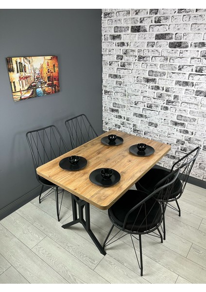 Handan Mutfak Yemek Masası Balkon Masası Kavisli Köşe Metal Siyah Ayak 110*70 cm