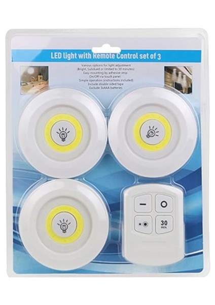 LED Işık Kablosuz Uzaktan Kumandalı Dolap Içi LED Ampul Seti 3lü Set Gece Lambası