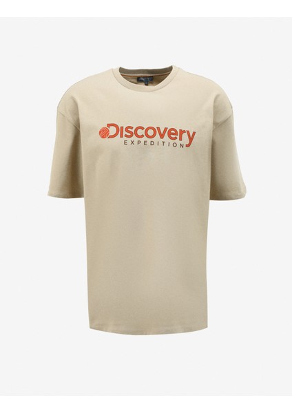 Bej Erkek Bisiklet Yaka Loose Fit Baskılı T-Shirt D4SM-TST3255